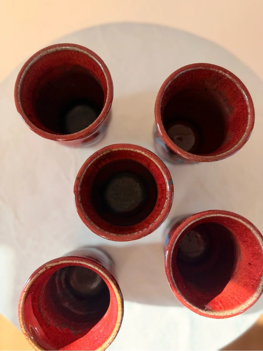 HANDMADE STUDIO POTTERY BURGUNDY TUMBLERS SET/5 ORGANIC MCM COTTAGE-CORE BOHO
